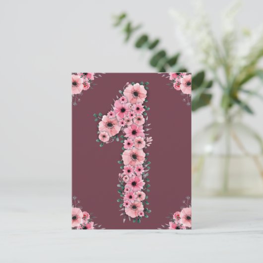 Carte Postale Gros 1er anniversaire Fleurs roses Fille Foliage v (Debout devant)