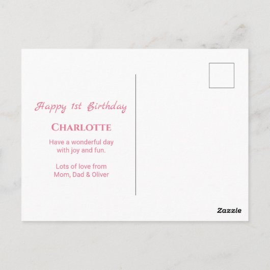 Carte Postale Gros 1er anniversaire Fleurs roses Fille Foliage v (Dos)