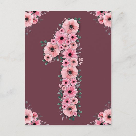 Carte Postale Gros 1er anniversaire Fleurs roses Fille Foliage v (Devant)