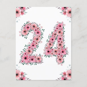 Carte Postale Gros 24e anniversaire Fleurs roses Fille Foliage v