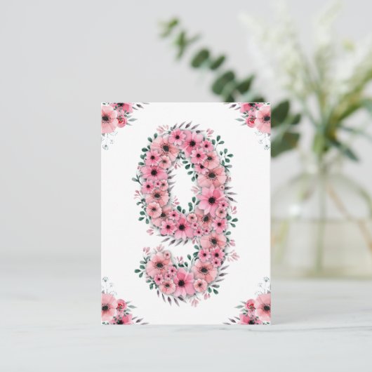 Carte Postale Gros 9e anniversaire Fleurs roses Fille Foliage ve (Debout devant)
