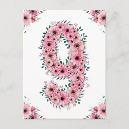 Carte Postale Gros 9e anniversaire Fleurs roses Fille Foliage ve (Devant)