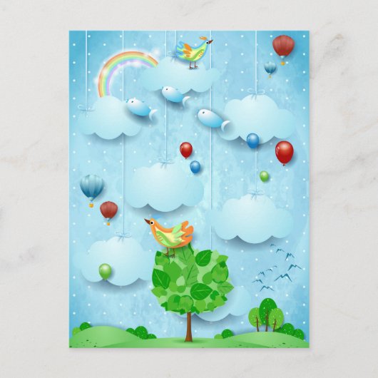 Carte Postale Gros arbre et poissons volants (Devant)