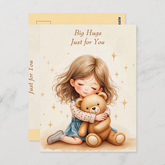 Carte Postale Gros câlins mignonne fille serrant teddy papier ou (Devant / Derrière)