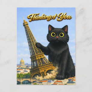 Carte Postale Gros Chat Noir Renverse la Tour Eiffel Pensant à T
