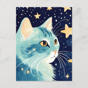 Carte Postale Gros plan d'un chat avec étoiles dans l'arrière -