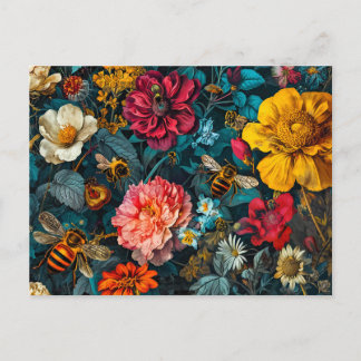 Carte Postale Groupe d'abeilles avec Zinnias, Roses et Daisie