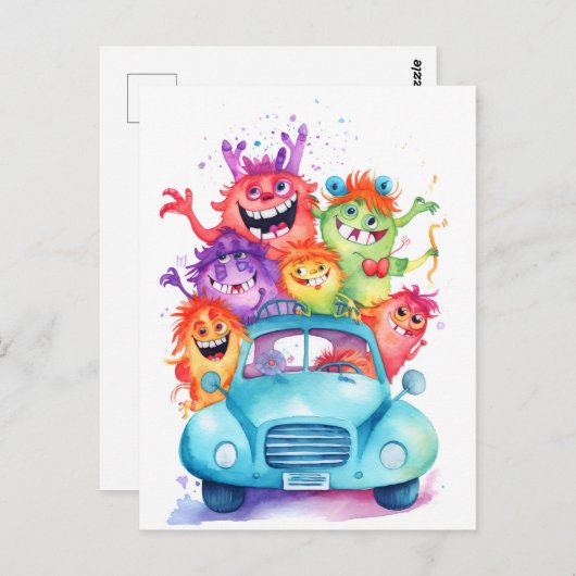 Carte Postale Groupe de monstres drôles en voiture. Vacances (Devant / Derrière)