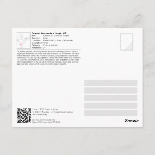 Carte Postale Groupe de monuments à Hampi - Temple Kadalekalu (Dos)