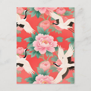 Carte Postale Grues Japonaises Pivoines Rouge Élégance Chinoise