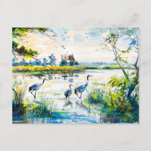 Carte Postale Grues par la rivière Havelland Watercolor Style