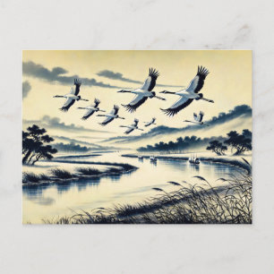 Carte Postale Grues volant au-dessus d'un paysage fluvial encre