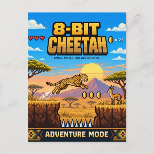 Carte Postale Guépard, Pixel Art Rétro 8 Bits (Devant)