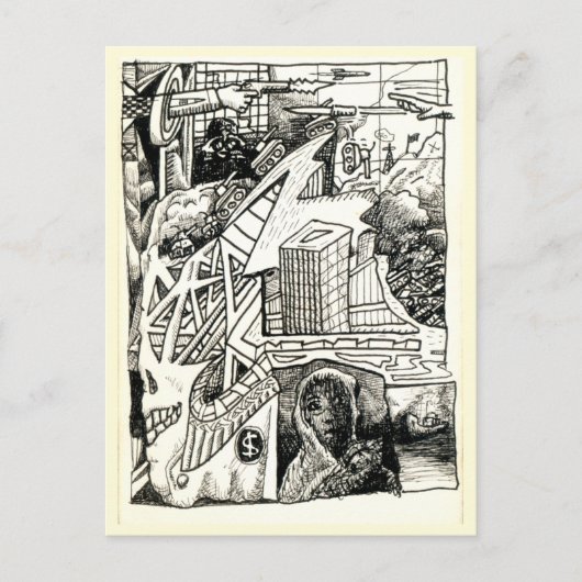 Carte Postale " Guerre moderne ", dessin à encre (Devant)