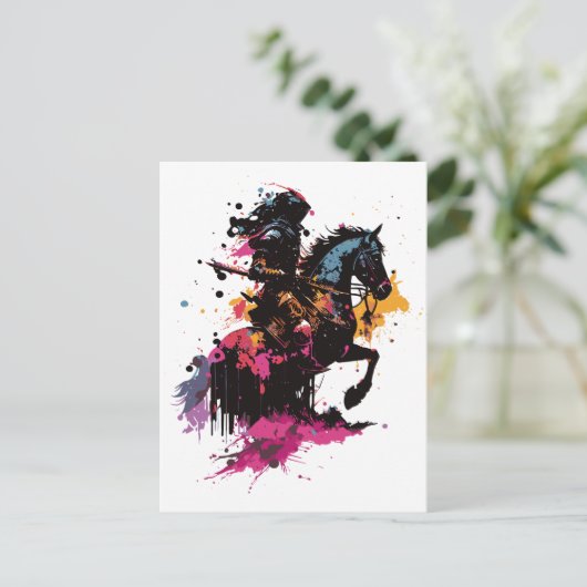 Carte Postale Guerrier équitation cheval en aquarelle (Debout devant)