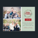 Carte Postale Guirlande de Noël classique Deux photos personnali<br><div class="desc">Design classique carte de vacances avec une couronne de fleurs et de baies d'hiver et deux photos modèle sur un élégant arrière - plan vert sage. L'inversion de carte postale peut être entièrement customisée avec un message et une adresse d'expéditeur. C'est le moyen idéal de répandre la joie des vacances...</div>