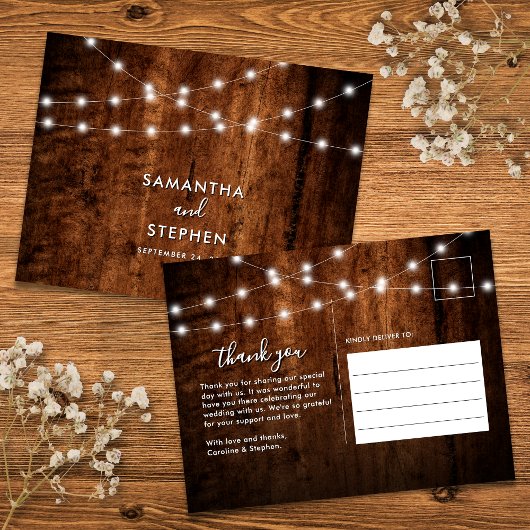 Carte Postale Guirlande Lumineuse Rustique & Bois Mariage Remerc