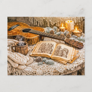 Carte Postale Guitare acoustique vintage avec bougies et charme