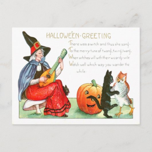 Carte Postale Guitare de chat noir sorcière Jack-o'-lantern Owl (Devant)