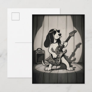 Carte Postale Guitariste Basset Hound Rétro Rockstar Monochrome
