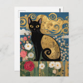 Carte Postale Gustav Klimt Chat Floral Noir, Art Éclectique Mode (Devant / Derrière)