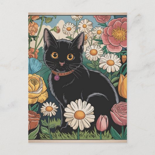 Carte Postale Gustav Klimt Chat noir dans un jardin de fleurs, A (Devant)