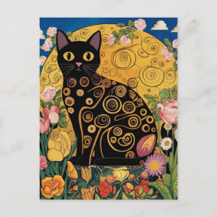 Carte Postale Gustav Klimt Chat Noir Floral, Art Éclectique Mode