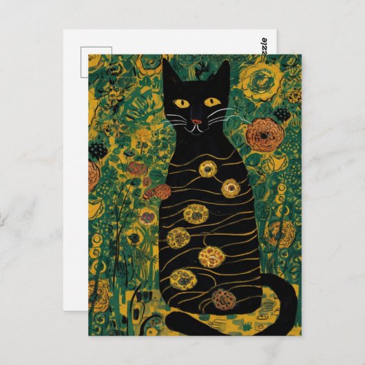 Carte Postale Gustav Klimt Cute Chat noir dans un jardin fleuri (Devant / Derrière)