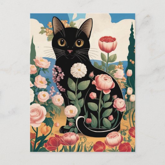 Carte Postale Gustav Klimt Floral Chat Noir Art Éclectique Moder (Devant)