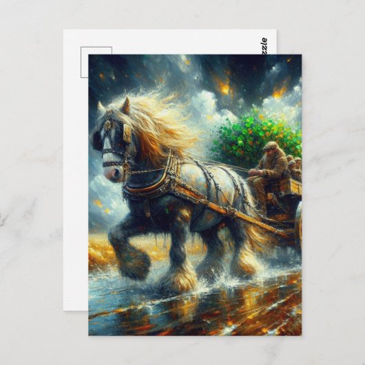 Carte Postale Gypsy Vanner Pulling Shamrocks et personnes Cartlo (Devant / Derrière)