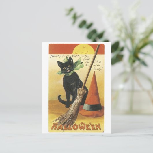 Carte Postale Halloween à l'ancienne, chat noir (Debout devant)