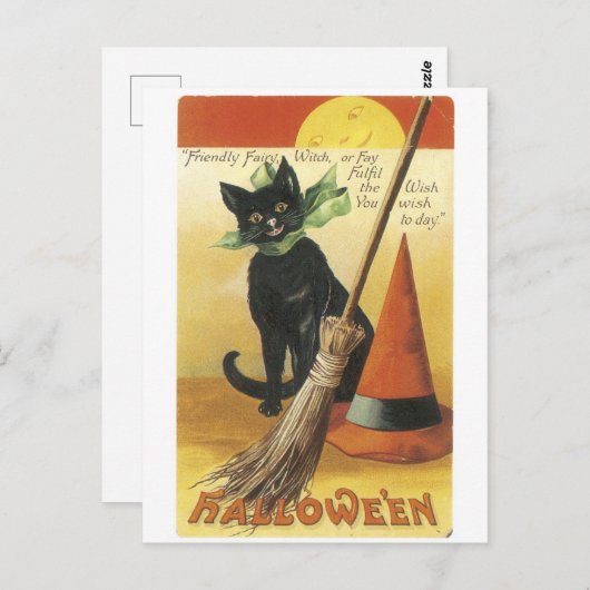 Carte Postale Halloween à l'ancienne, chat noir (Devant / Derrière)