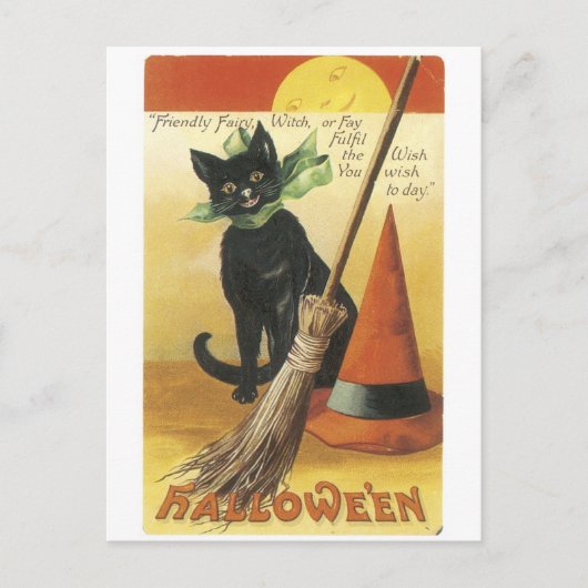 Carte Postale Halloween à l'ancienne, chat noir (Devant)