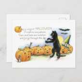 Carte Postale Halloween à l'ancienne, chat noir & Citrouille (Devant / Derrière)