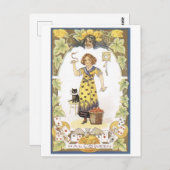 Carte Postale Halloween à l'ancienne, Fille avec chat noir (Devant / Derrière)