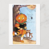Carte Postale Halloween à l'ancienne, fille Citrouille, chat noi (Devant)