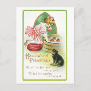Carte Postale Halloween à l'ancienne, Fille et chat noir