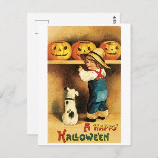 Carte Postale Halloween à l'ancienne, garçon avec chiot (Devant / Derrière)