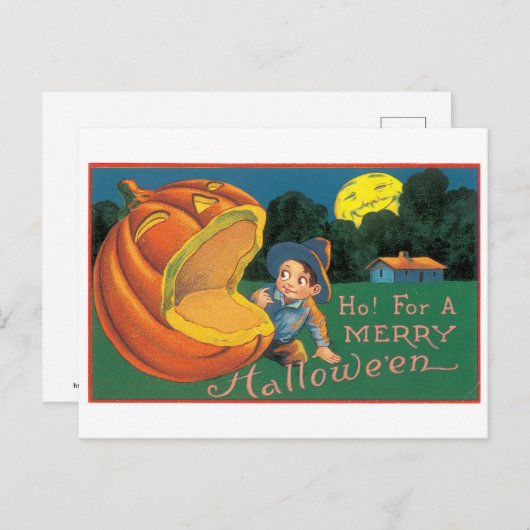 Carte Postale Halloween à l'ancienne, garçon avec Jack-o-lantern (Devant / Derrière)