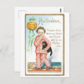 Carte Postale Halloween à l'ancienne, Garçon tenant un chat noir (Devant / Derrière)