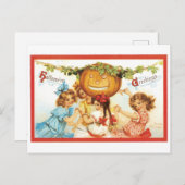 Carte Postale Halloween à l'ancienne, les filles avec Citrouille (Devant / Derrière)