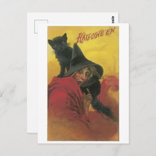 Carte Postale Halloween à l'ancienne, sorcière avec chat noir (Devant / Derrière)