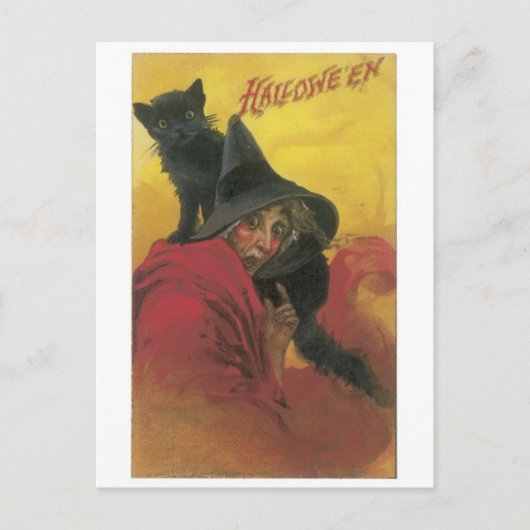 Carte Postale Halloween à l'ancienne, sorcière avec chat noir (Devant)