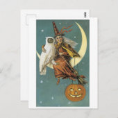Carte Postale Halloween à l'ancienne, sorcière avec hibou (Devant / Derrière)