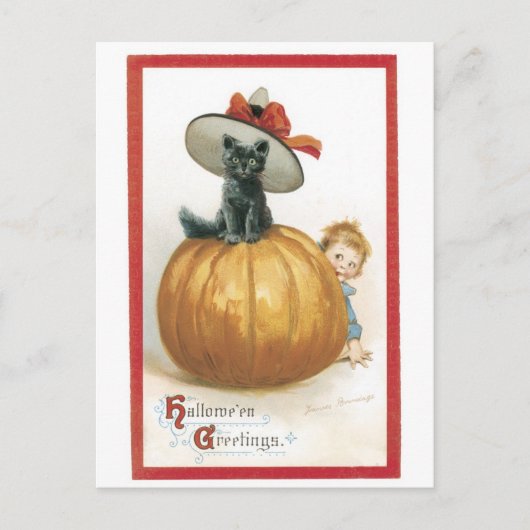 Carte Postale Halloween à l'ancienne, sorcière chat (Devant)