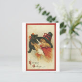 Carte Postale Halloween à l'ancienne, sorcière fille avec chat n (Debout devant)