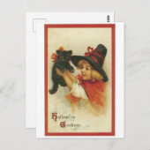 Carte Postale Halloween à l'ancienne, sorcière fille avec chat n (Devant / Derrière)