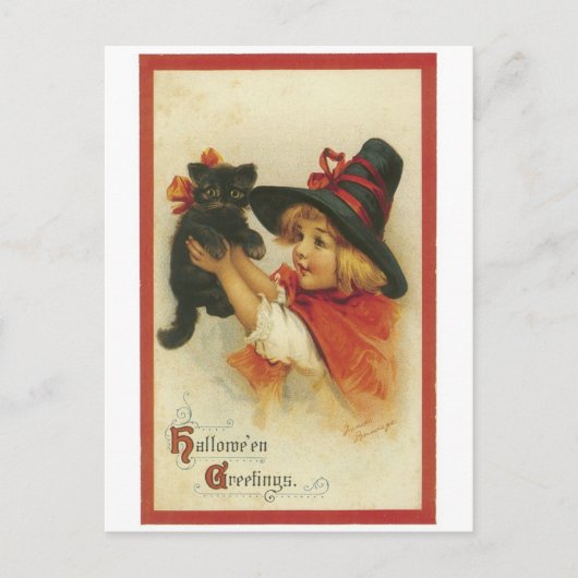 Carte Postale Halloween à l'ancienne, sorcière fille avec chat n (Devant)