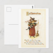Carte Postale Halloween à l'ancienne, sorcière fille avec chat n (Devant / Derrière)