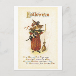 Carte Postale Halloween à l'ancienne, sorcière fille avec chat n